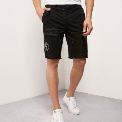 Black patch chino shorts